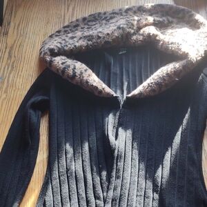 SHEIN Black Sweater with Leopard Print Cowl Neck